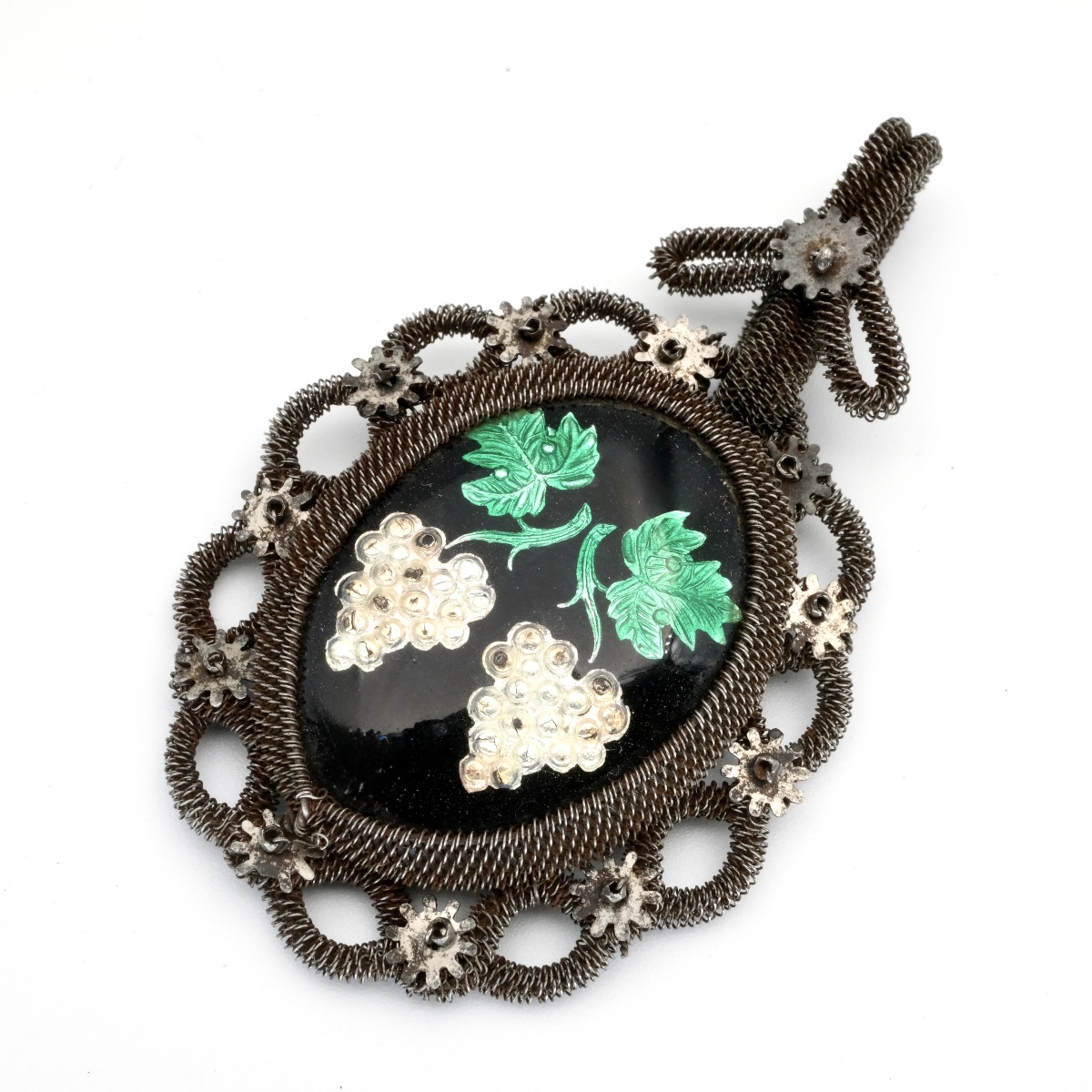 Pendentif fer tissé Silésien émail grappes de raisin 1820-photo-1