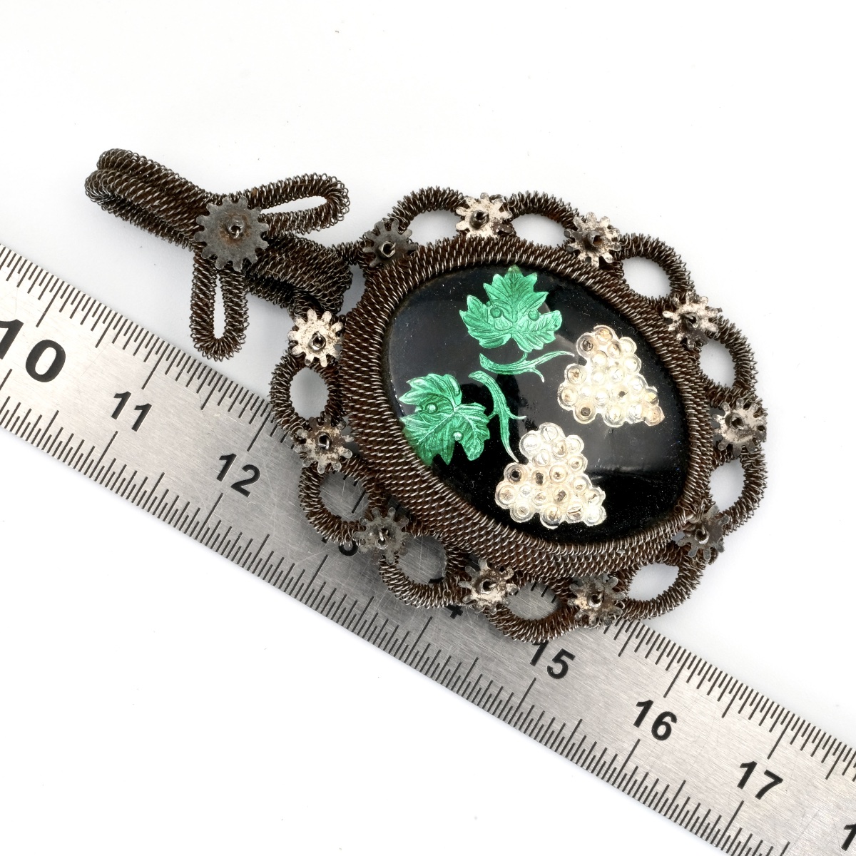Pendentif fer tissé Silésien émail grappes de raisin 1820-photo-4