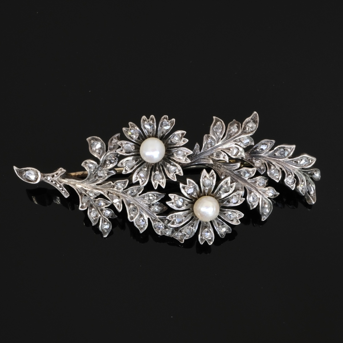 Broche feuillagée marguerites or et argent perles et diamants 19ème siècle -photo-2
