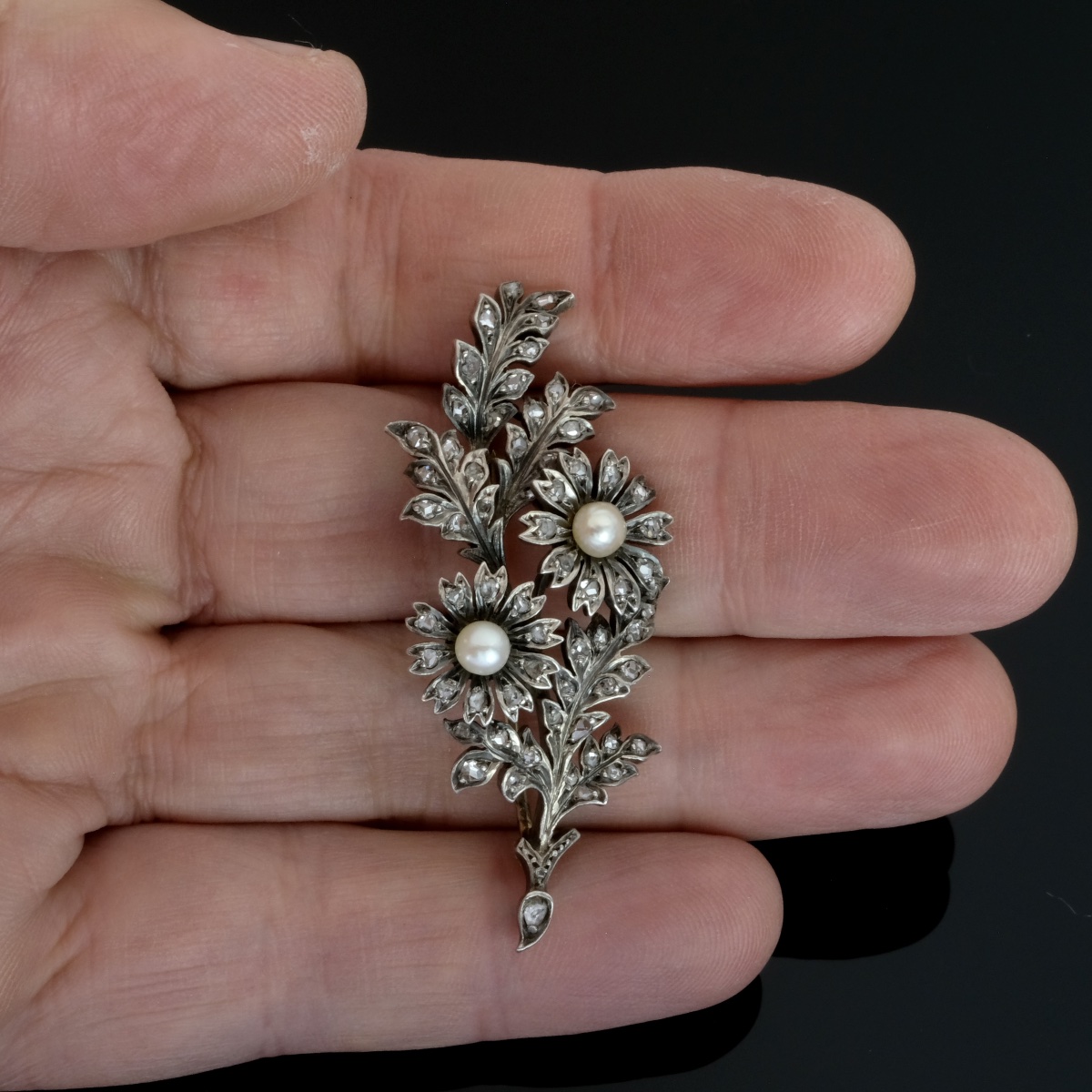 Broche feuillagée marguerites or et argent perles et diamants 19ème siècle -photo-5