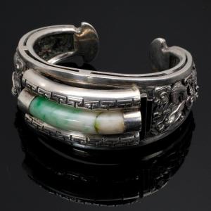 Early 20th Century Chinese Cuff Bracelet, Silver And Jadeite Bangle
