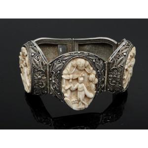 Chinese Bracelet Early 20th Century, In Silver Filigree And Canton Carved Motifs