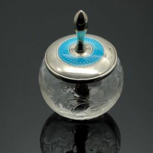 Office Glue Pot In Crystal And Enameled Silver Early 20th Century