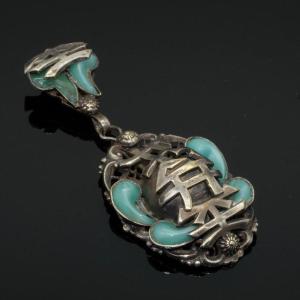 Max Neiger Pendant In Silver Metal And Jade Green Glass Cabochons Circa 1920