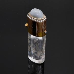 19th Century Salt Bottle In Engraved Crystal With Gold Cap, Diamonds And Moonstone