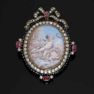 Napoleon III Miniature Enamel Angelot Brooch, Silver Pearls And Ruby