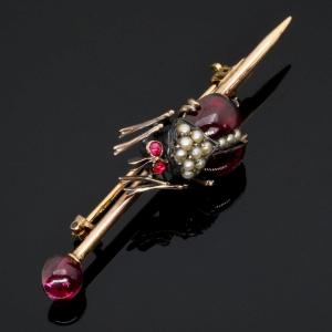 19th Century Barrette Brooch Insect Garnets And Pearls Gold Mount