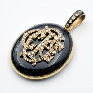 Napoleon III Photo Holder Pendant Gold Black Enamel Initials Diamonds