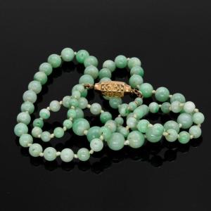 Jadeite Bead Long Necklace Gold Filed Clasp Circa 1920