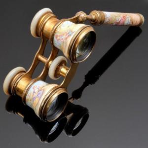 Handled Theater Binoculars Enameled Romantic Scenes, 19th Century