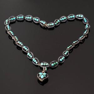 Sentimental Silver Necklace With Turquoise And Enamel Heart Medallion, 19th Century