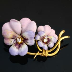 Broche Printani&egrave;re Pens&eacute;es &eacute;mail Diamants Et Or Belle &eacute;poque 1910