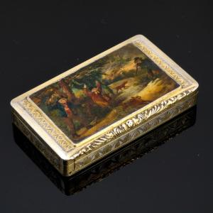 Boite Vermeil, Peinture Sur Nacre, Scène De Chasse Vers 1840