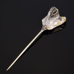 Baroque Pearl Blown Pin Silver Gold And Diamonds 1900