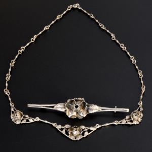 Ensemble 1900 Art Nouveau Argent Collier Et Broche Décor De Rose