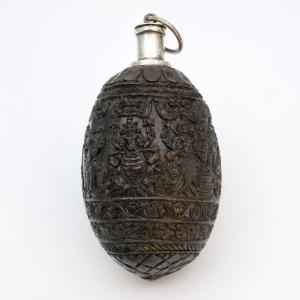 Carved Walnut And Silver Powder Flask, Early 19th Century