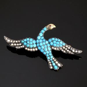Brooch Bird In Flight Turquoise Pearls Gold And Silver Napoleon III