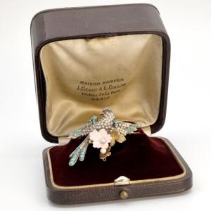 19th Century Bird Of Paradise  Brooch With Pearls, Gold And Silver Turquoise In Case