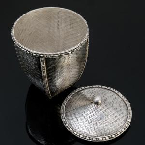 Box In Woven Silver Rice Basket Shape, Early 20th Century