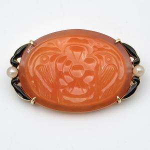 Art Deco Brooch In Gold, Carnelian, Enamel And Pearls