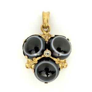 Médaillon Victorien Agate zonée oeil de taureau Or, Diamant 19ème siècle
