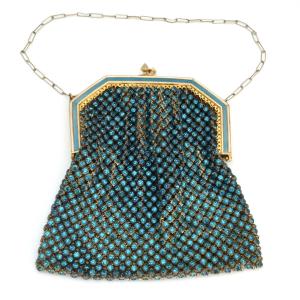 Sac de soirée émail et mailles de strass bleus Art déco
