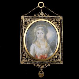 Miniature pendentif sentimental époque Empire, signée Muller