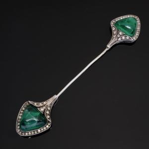 Art Deco Period Silver Jabot Pin With Emerald-colored Crystals