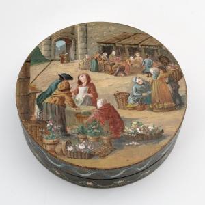 18th Century Painted Box Flower Market Scene