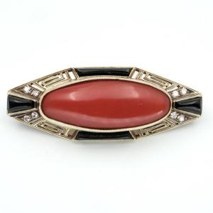 Broche Art Déco or, corail diamants et onyx années 20