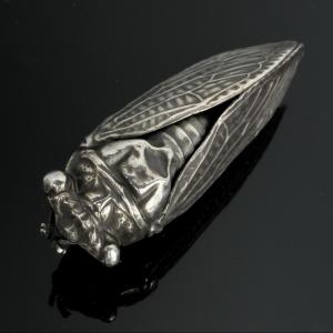 Naturalistic Cicada Brooch, Fine Silver, Late 19th Century
