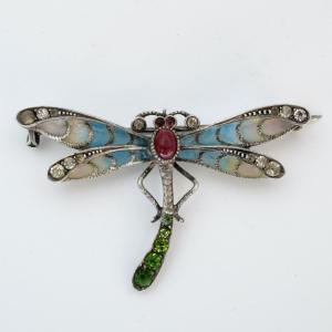 Broche libellule Art Nouveau plique à jour