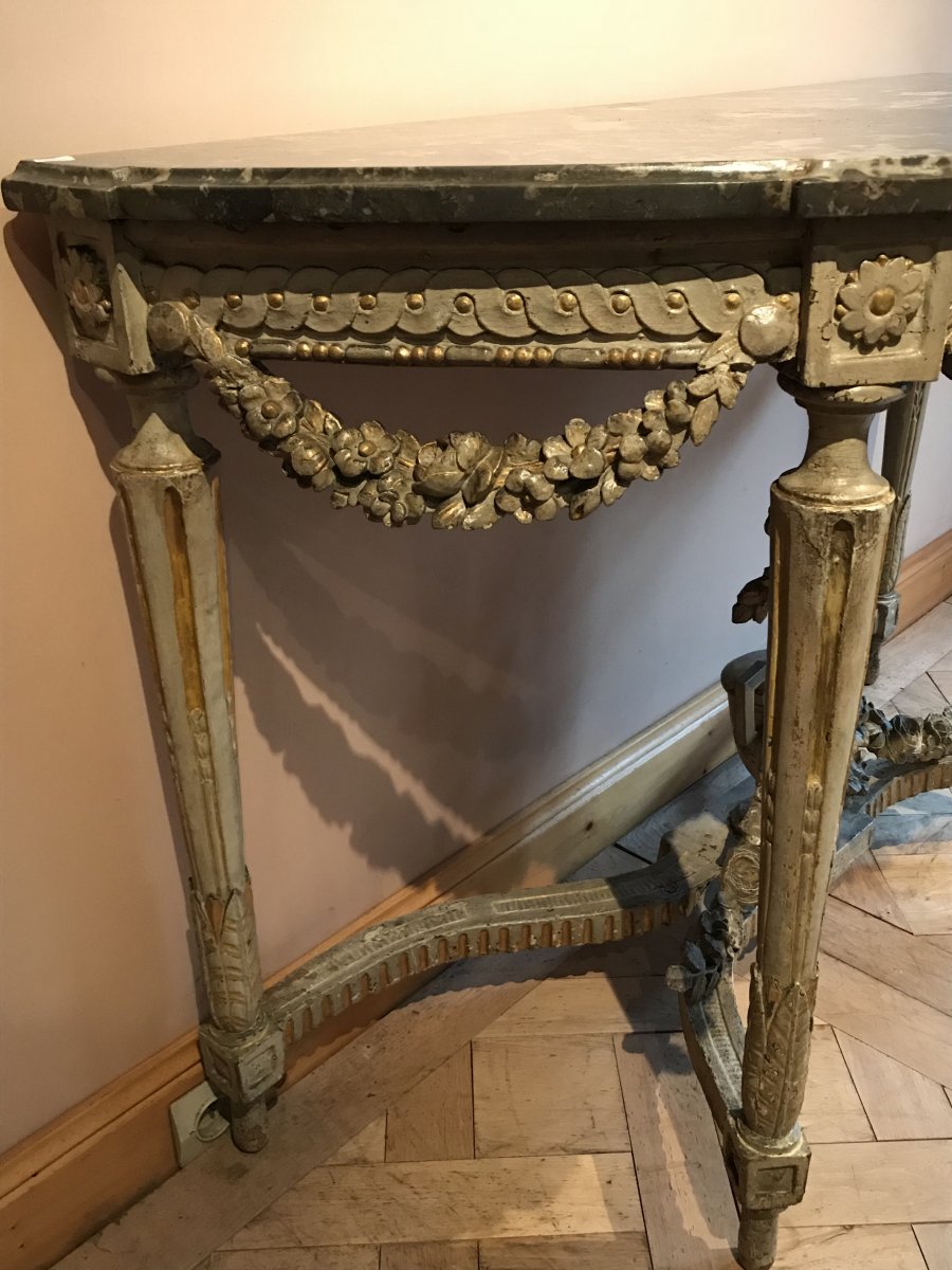 Demi-moon Console In Painted And Gilded Wood Louis XVI-photo-2