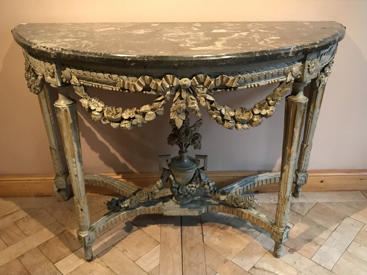 Demi-moon Console In Painted And Gilded Wood Louis XVI