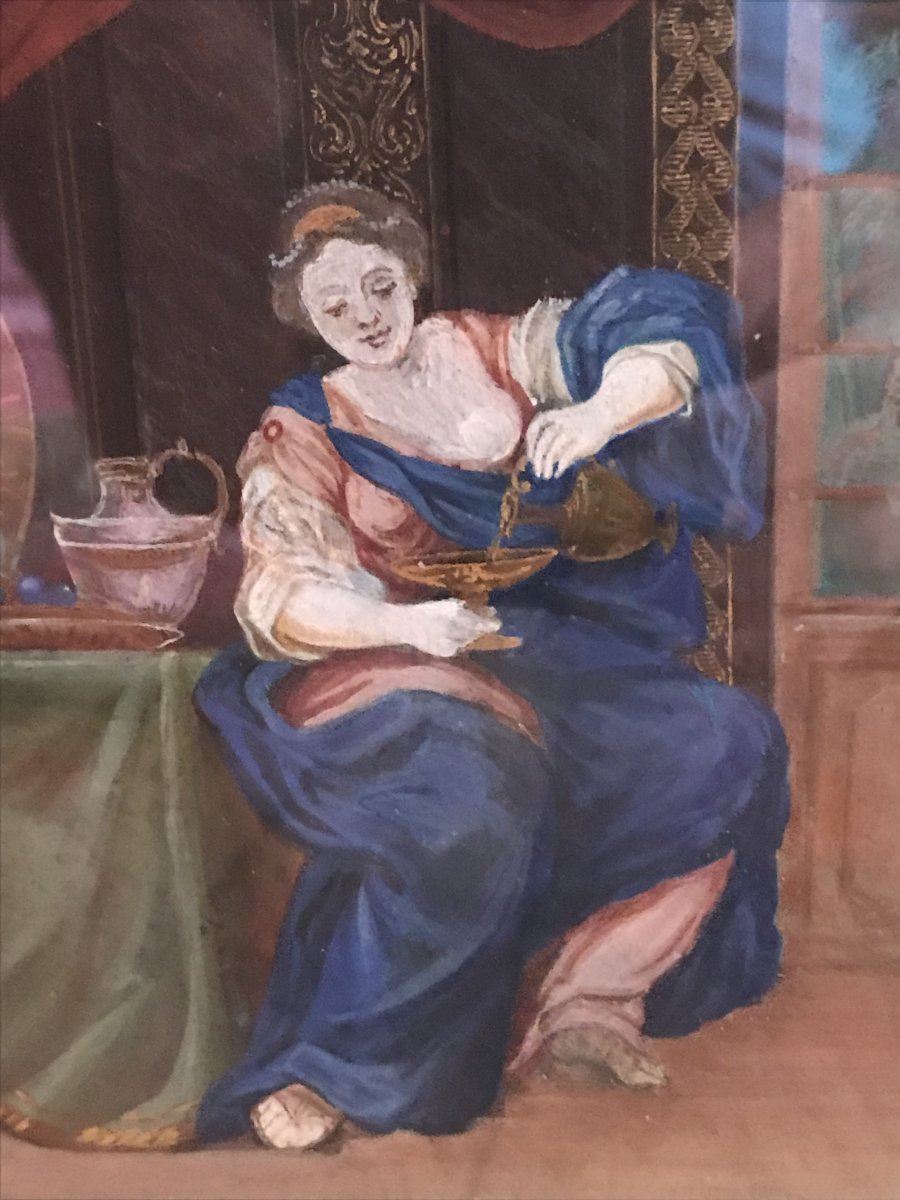 Gouache Sur Papier XVIIIème Siècle ,scène d'Intérieur .-photo-2