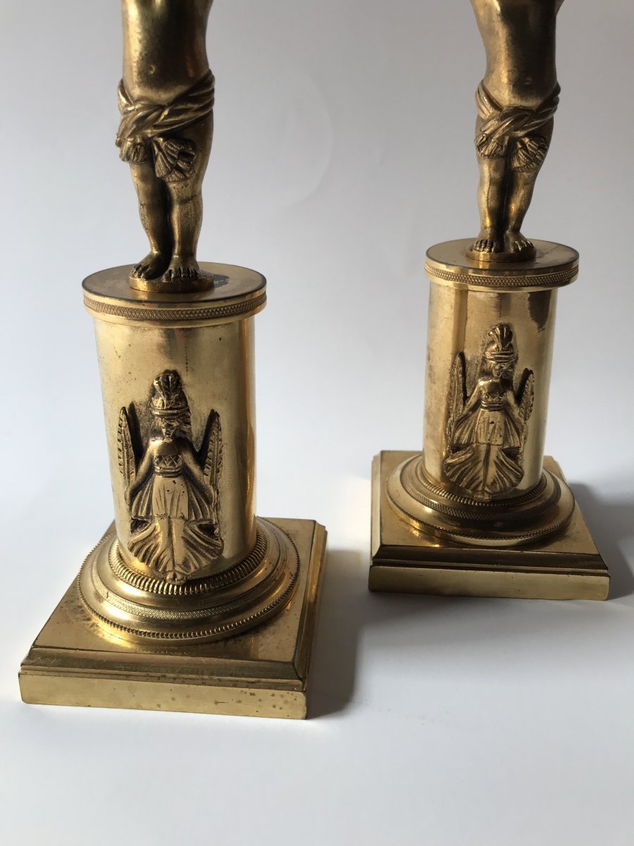 Paire De Bougeoirs En Bronze Ciselé Et Doré Début XIXème Siècle-photo-3