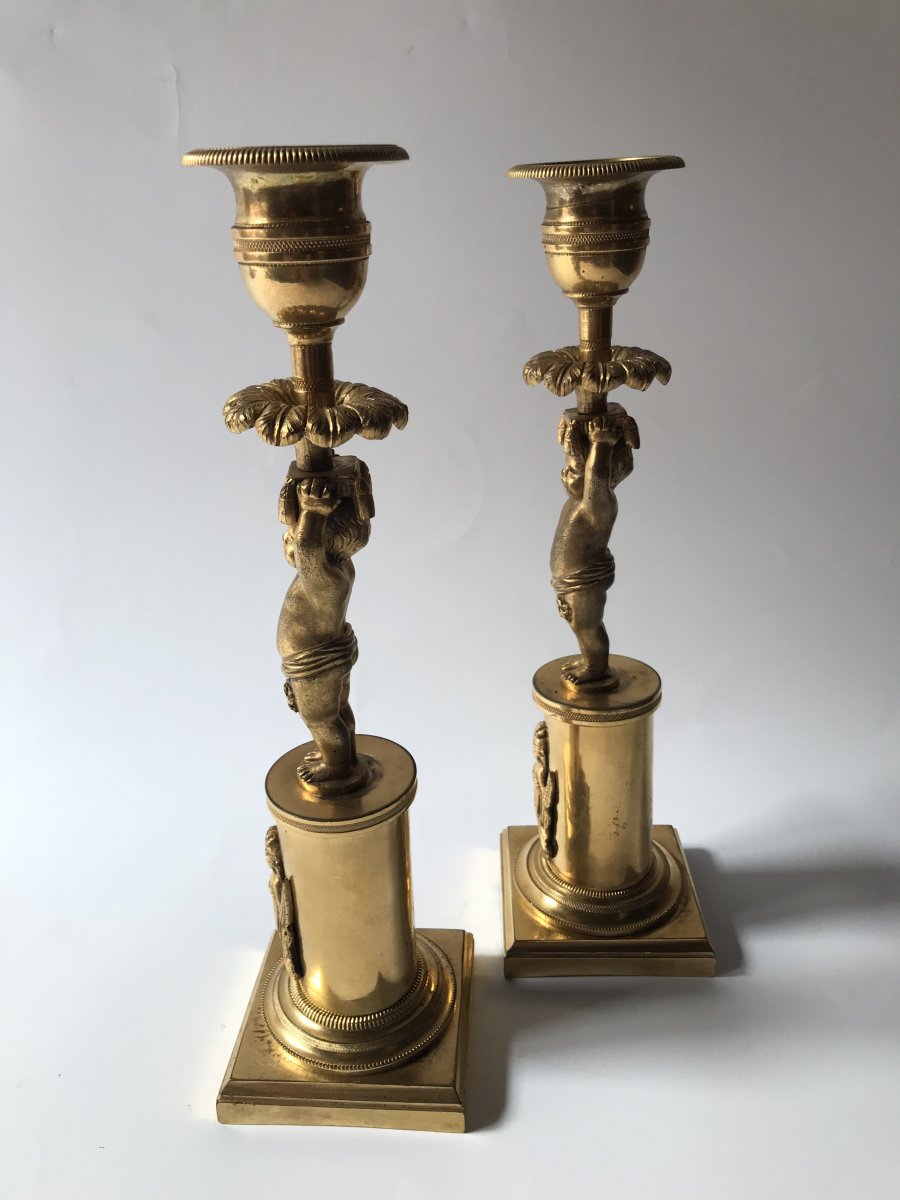 Paire De Bougeoirs En Bronze Ciselé Et Doré Début XIXème Siècle-photo-4