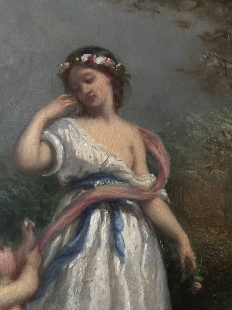 Huile sur panneau XIXème siècle : jeune fille et angelot-photo-3
