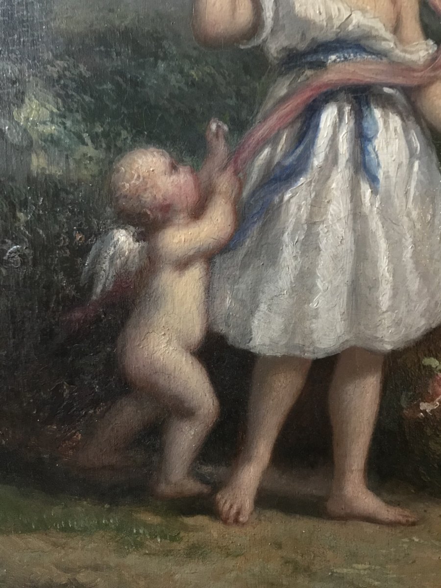 Huile sur panneau XIXème siècle : jeune fille et angelot-photo-4