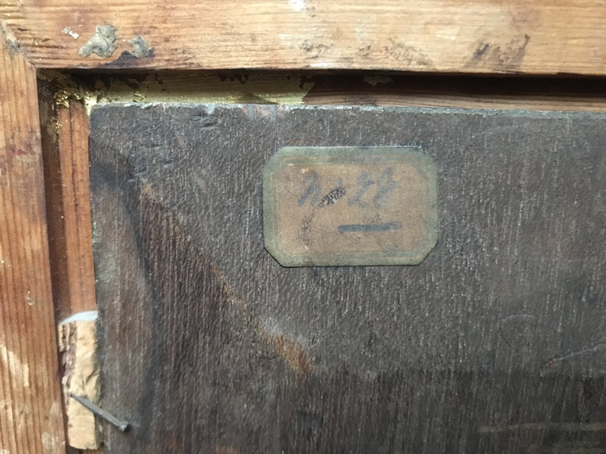 Huile sur panneau XIXème siècle : jeune fille et angelot-photo-3