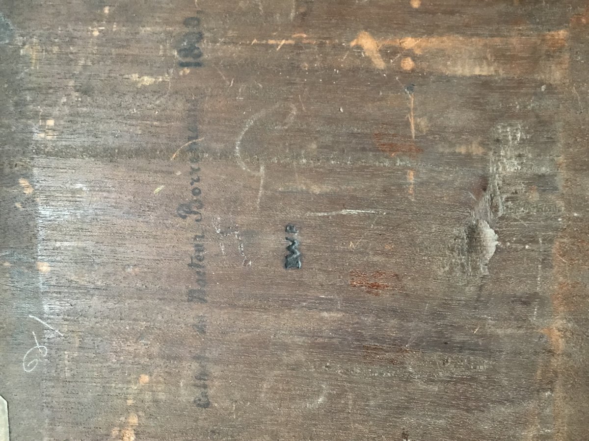 Huile sur panneau XIXème siècle : jeune fille et angelot-photo-4