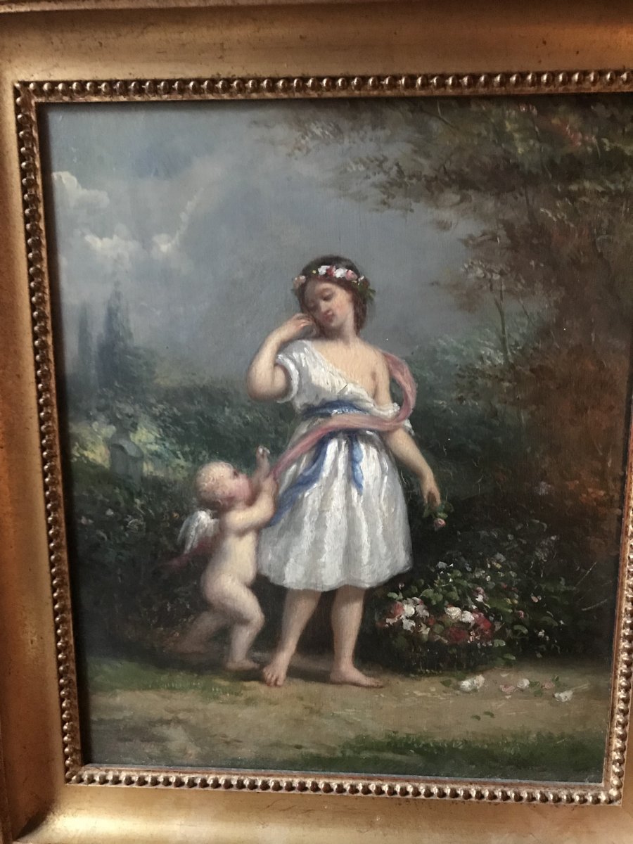 Huile sur panneau XIXème siècle : jeune fille et angelot-photo-5