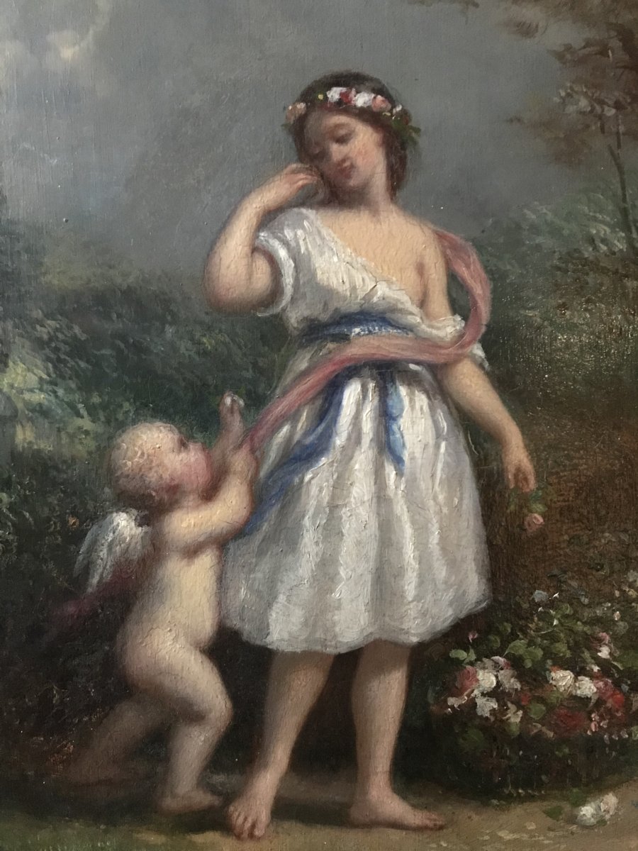 Huile sur panneau XIXème siècle : jeune fille et angelot