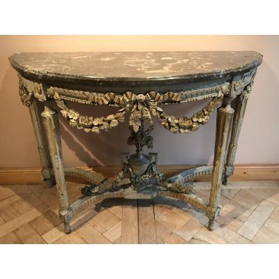 Console Demi-lune En Bois Peint Et Doré d'époque Louis XVI