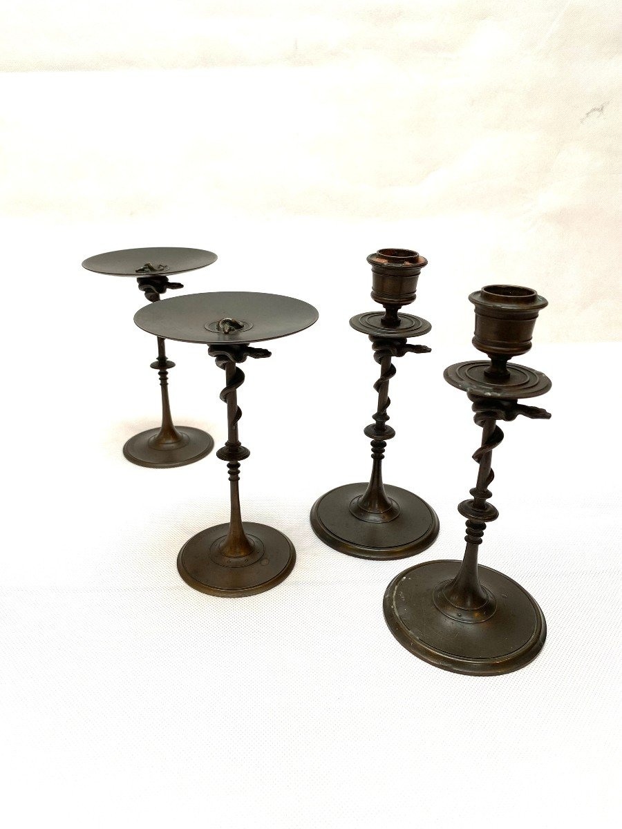 Double Pair Of Snake Decorated Bronze Candlesticks And Pair Of Tazzas By Ferdinand Barbedienne-photo-1