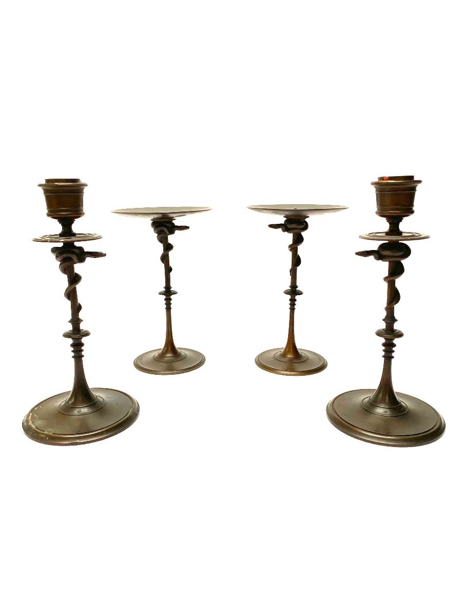 Double Pair Of Snake Decorated Bronze Candlesticks And Pair Of Tazzas By Ferdinand Barbedienne