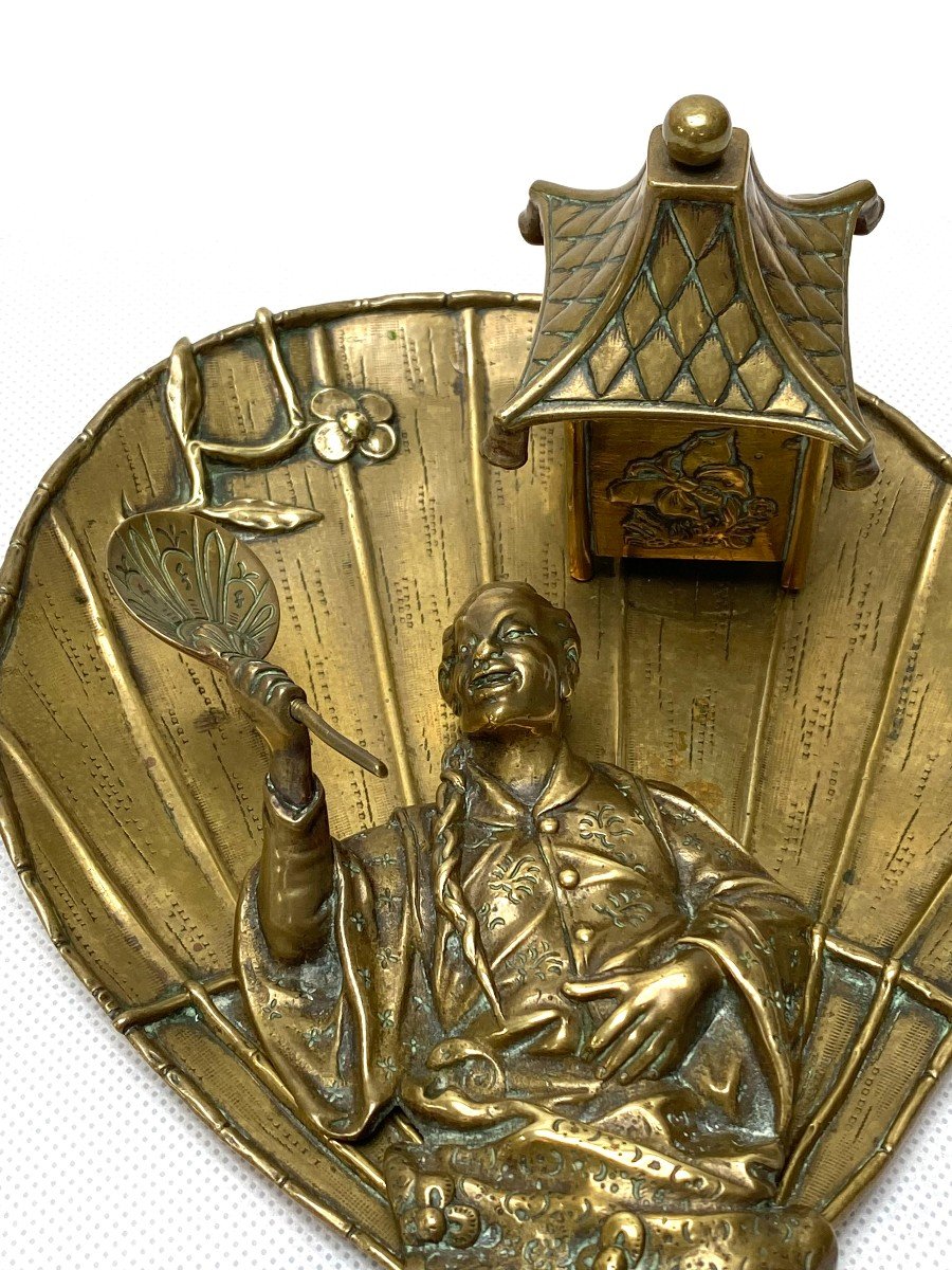Encrier 19eme “japonisant” En Bronze Doré En Forme D’éventail, Goût De L’escalier De Cristal-photo-4