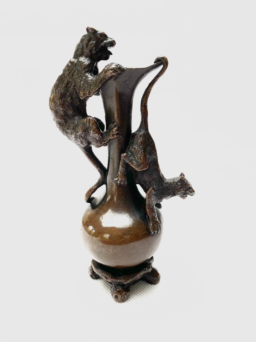 Christophe Fratin, “buire, Anses Panthères” Vase In Patinated Bronze, Circa 1900-photo-4