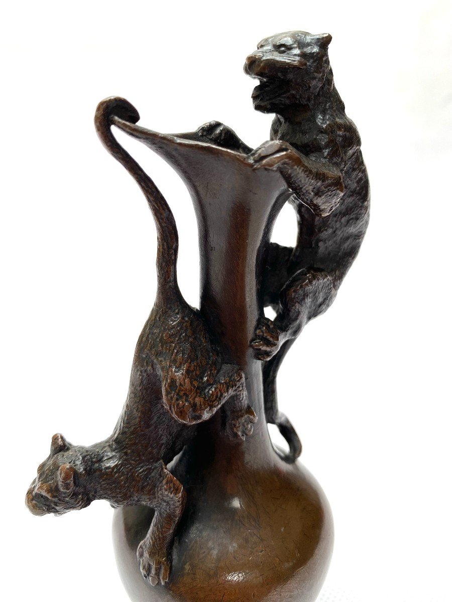 Christophe Fratin, “buire, Anses Panthères” Vase In Patinated Bronze, Circa 1900-photo-1