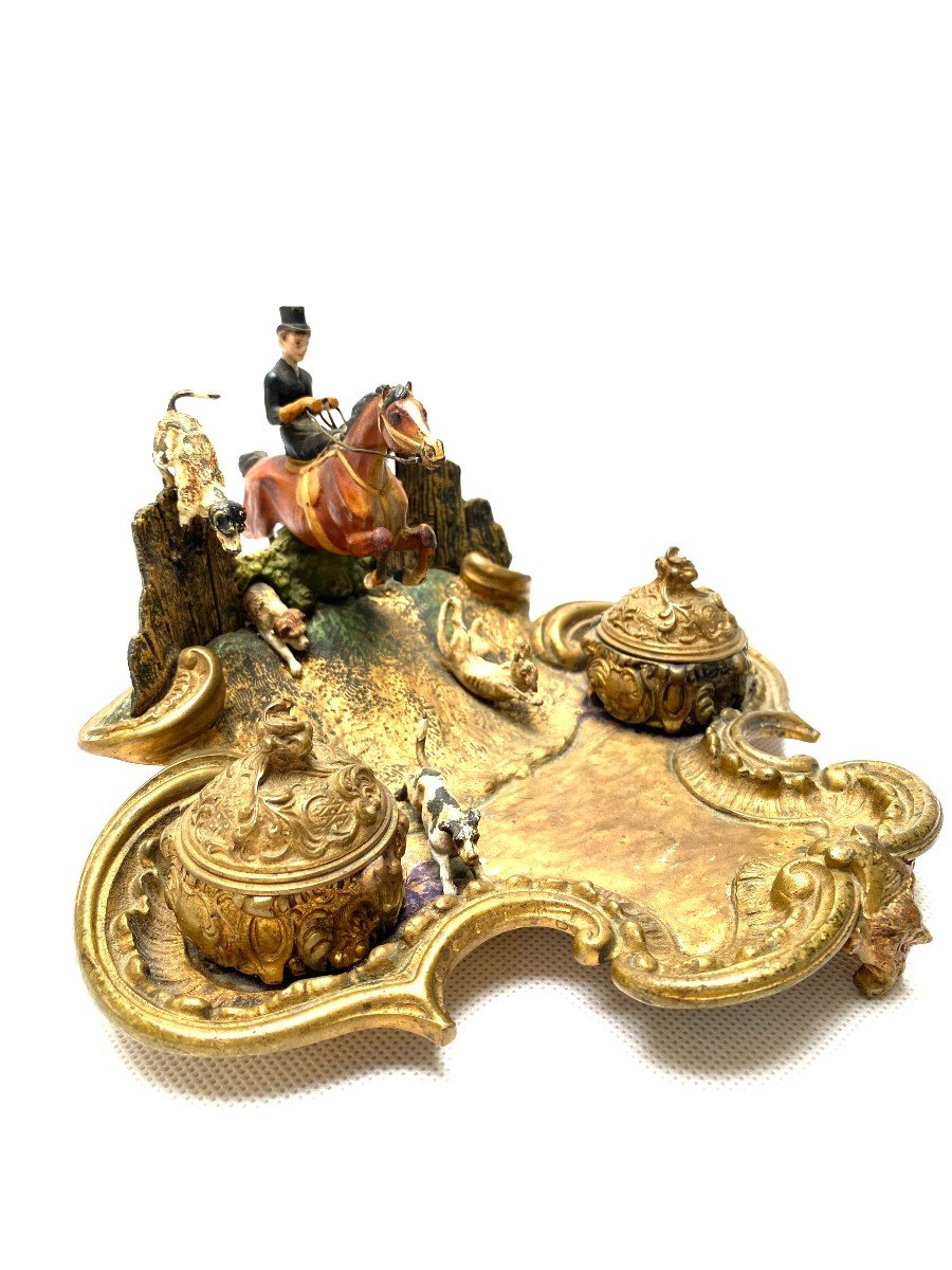 A Rare Late 19th Century Cold Painted Bronze Inkwell And Vide-poche-photo-3